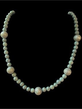 Rare Vintage Carved Asian Bead Pyrite Gemstone Bead Necklace